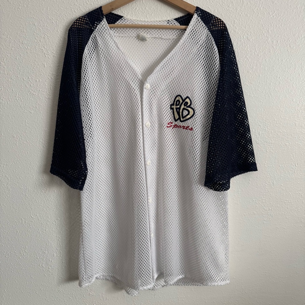 PB SPORTS Vintage 90s White Navy Blue Mesh Net Button Up Baseball Jersey